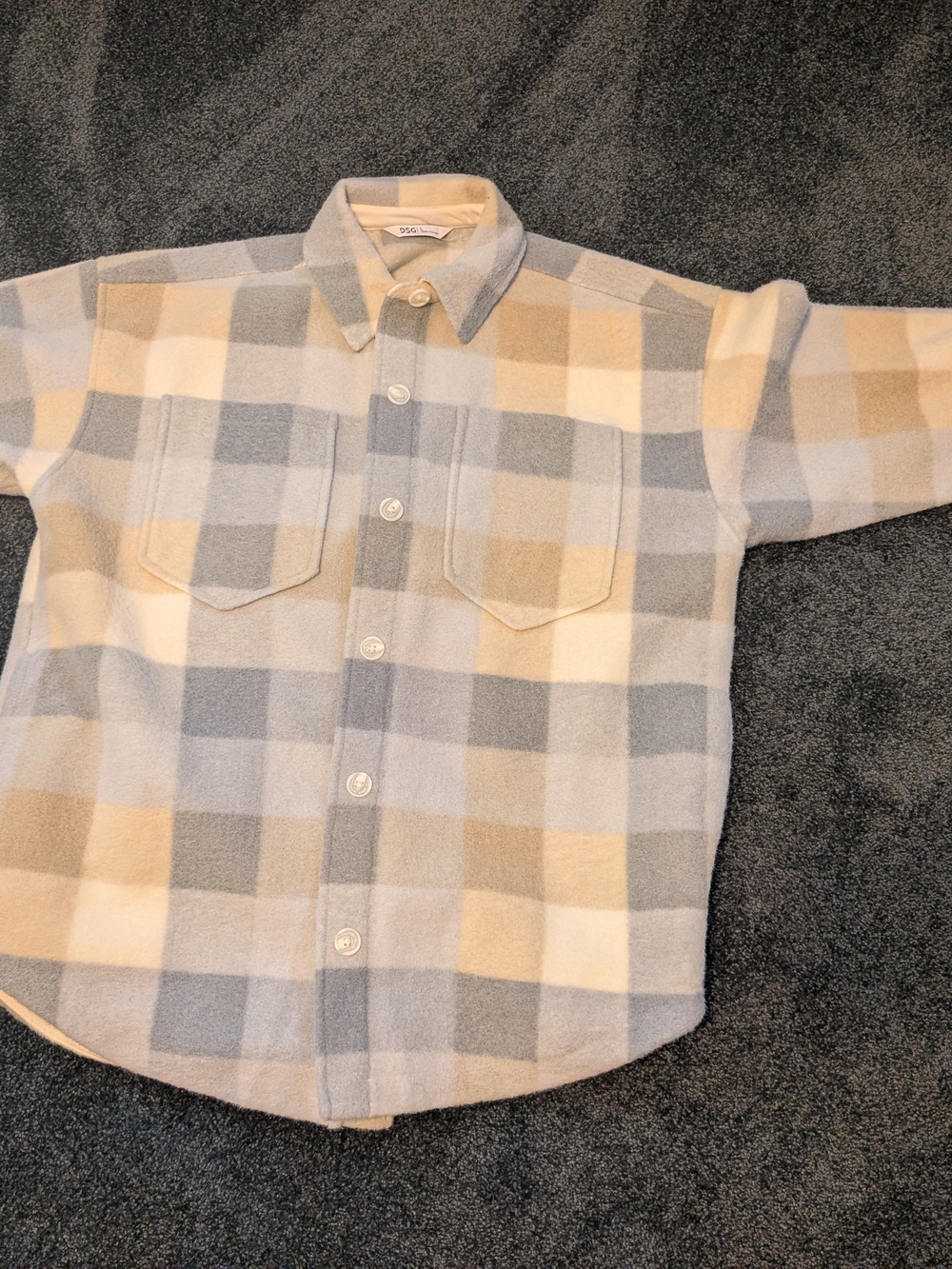 DSG Plaid Pea Coat Jacket in Light Blue, Cream & Tan